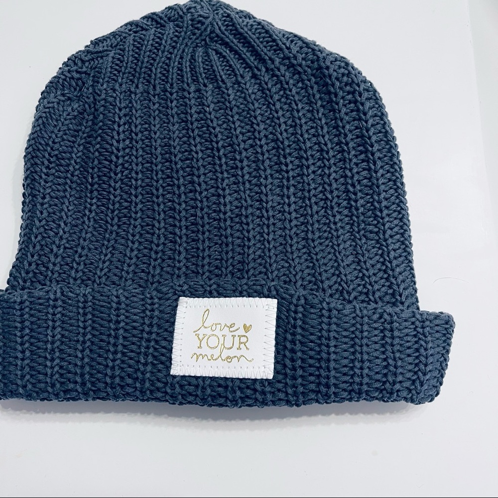 LYM charcoal gray beanie with white patch
